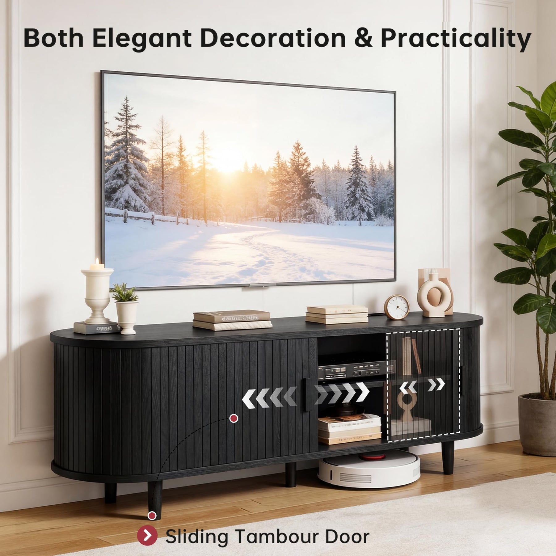 OneBlis 70" Mid Century Modern TV Stand, Wood TV Consoles with Sliding Doors and Power Outlet, Entertainment Center with Adjustable Shelves, Fluted TV Stands for Living Room, Walnut