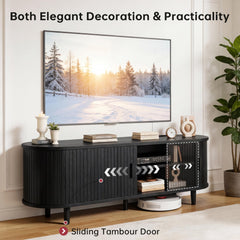 OneBlis 70" Mid Century Modern TV Stand, Wood TV Consoles with Sliding Doors and Power Outlet, Entertainment Center with Adjustable Shelves, Fluted TV Stands for Living Room, Walnut