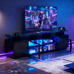 ansefe 70 Inch Black TV Stand for Living Room, LED Entertainment Center for Gaming, Modern TV Cabinet Console, Transparent Glass Door Storage Cabinet