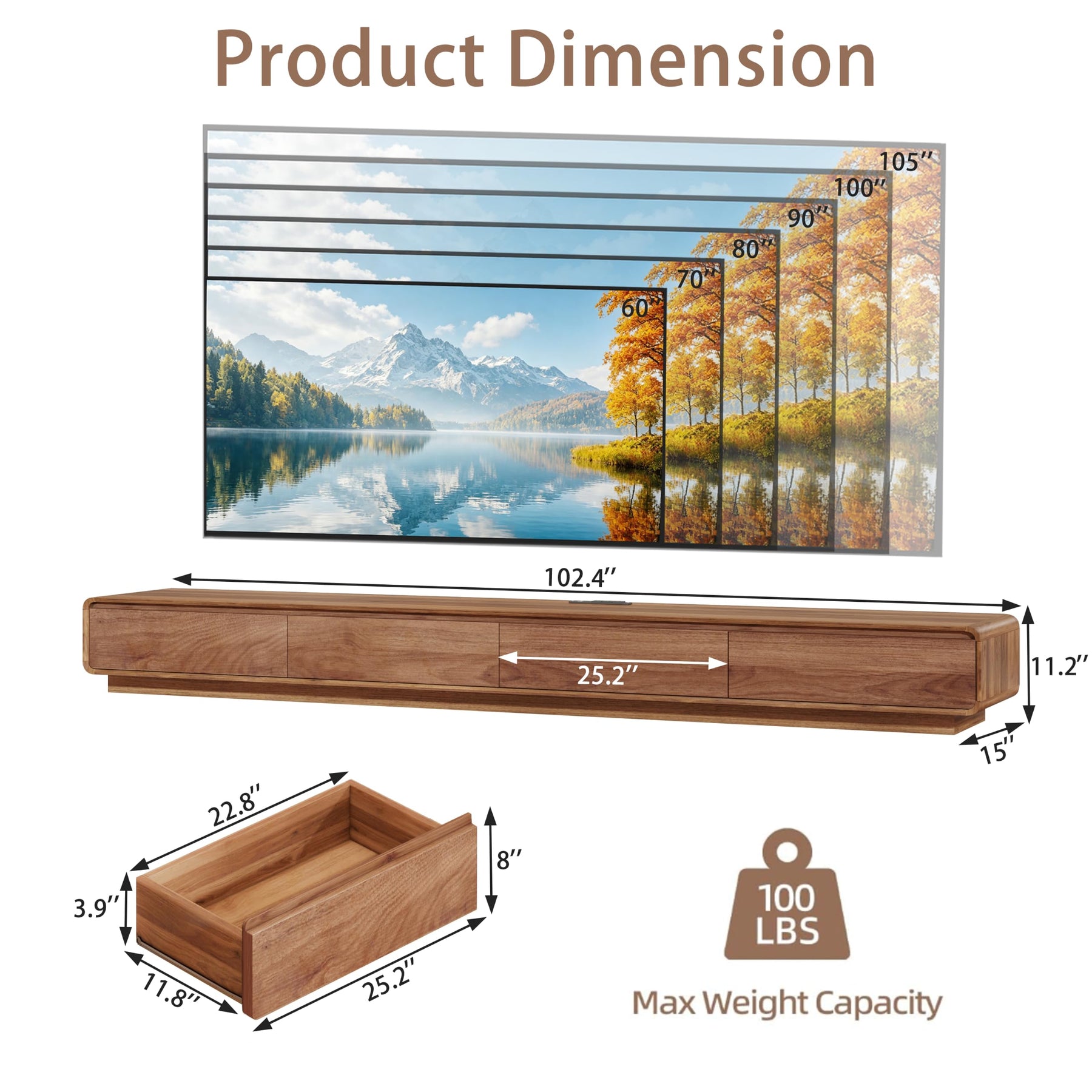 CayugaCrekrd 102.4'' Minimalist Floating TV Stand with Power Outlet, Modern Wall-Mounted Entertainment Center for TVs up to 100 Inches, Media Console with Rounded-Corner Design, Walnut and Black