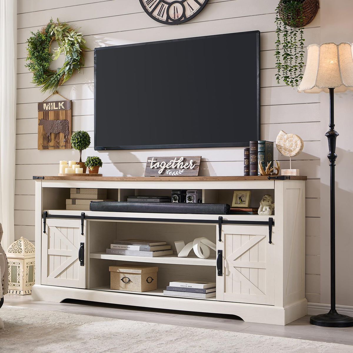 OKD 70" Farmhouse TV Stand for TVs up to 80", Antique White