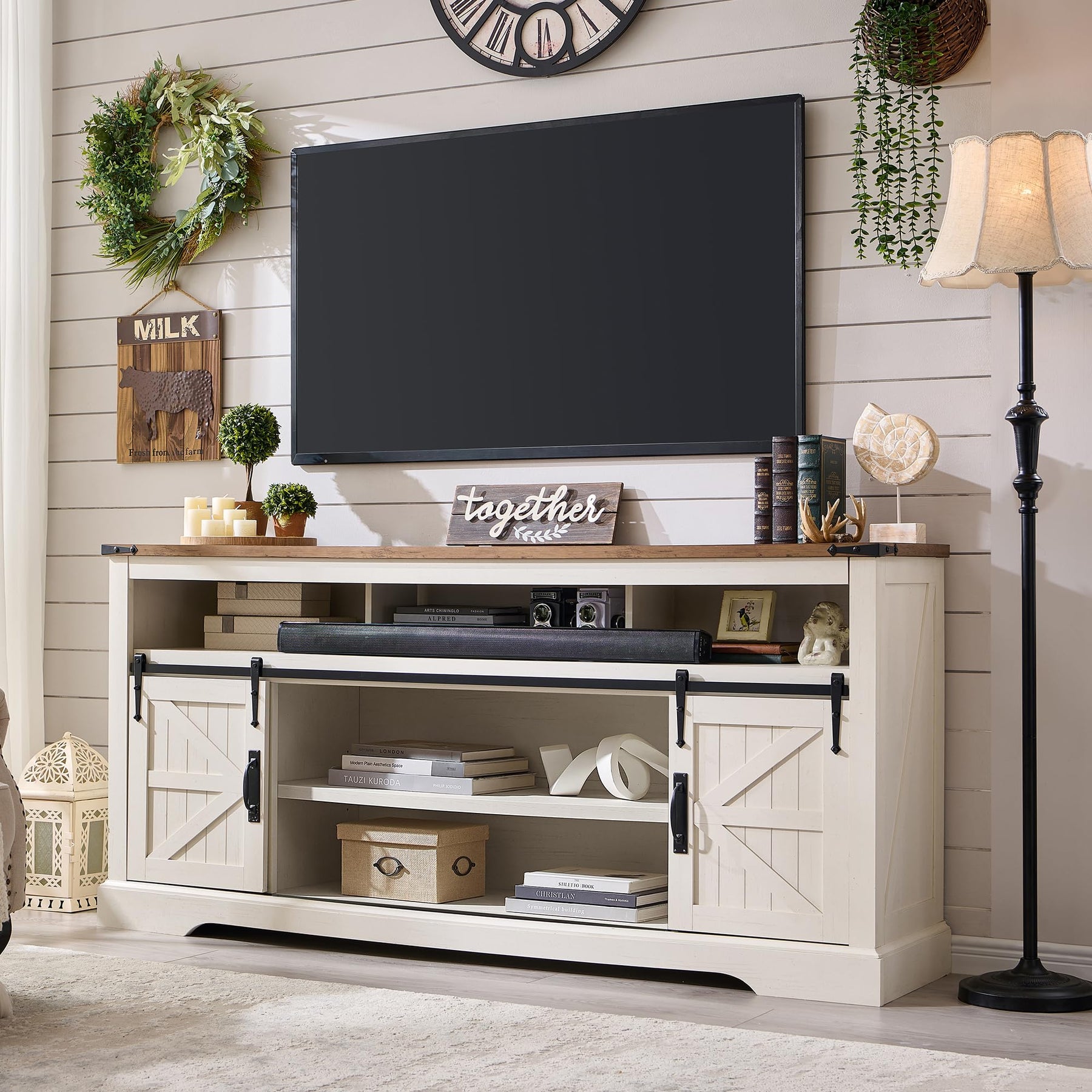 OKD 70" Farmhouse TV Stand for TVs up to 80", Antique White