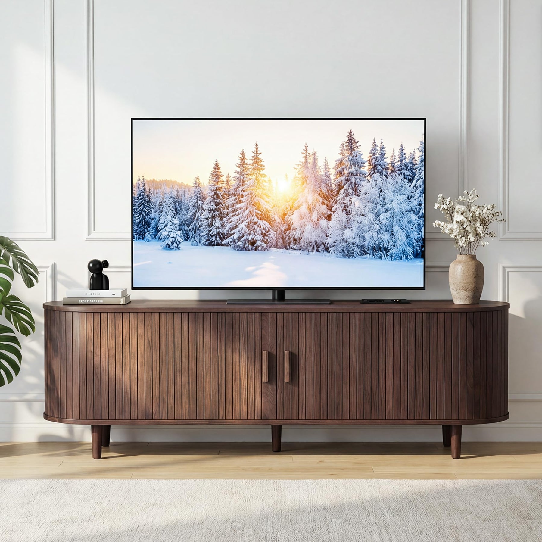 OneBlis 70" Mid Century Modern TV Stand, Wood TV Consoles with Sliding Doors and Power Outlet, Entertainment Center with Adjustable Shelves, Fluted TV Stands for Living Room, Walnut