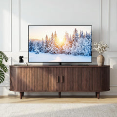 OneBlis 70" Mid Century Modern TV Stand, Wood TV Consoles with Sliding Doors and Power Outlet, Entertainment Center with Adjustable Shelves, Fluted TV Stands for Living Room, Walnut