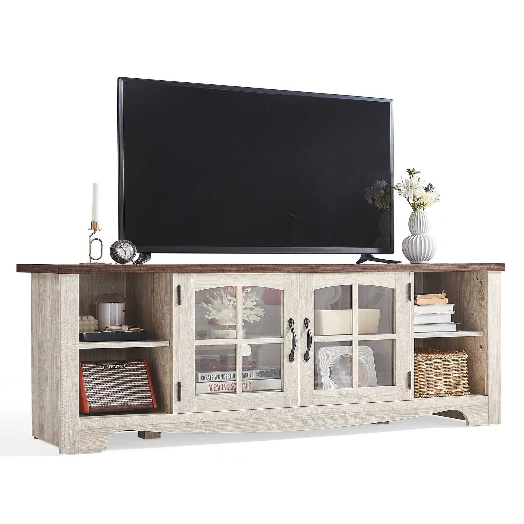 LINSY HOME Farmhouse TV Stand for 65 Inch TV, Wood Entertainment Center with Glass Door Storage Cabinet & Adjustable Shelves, Large Sturdy TV Console Table for Living Room Bedroom