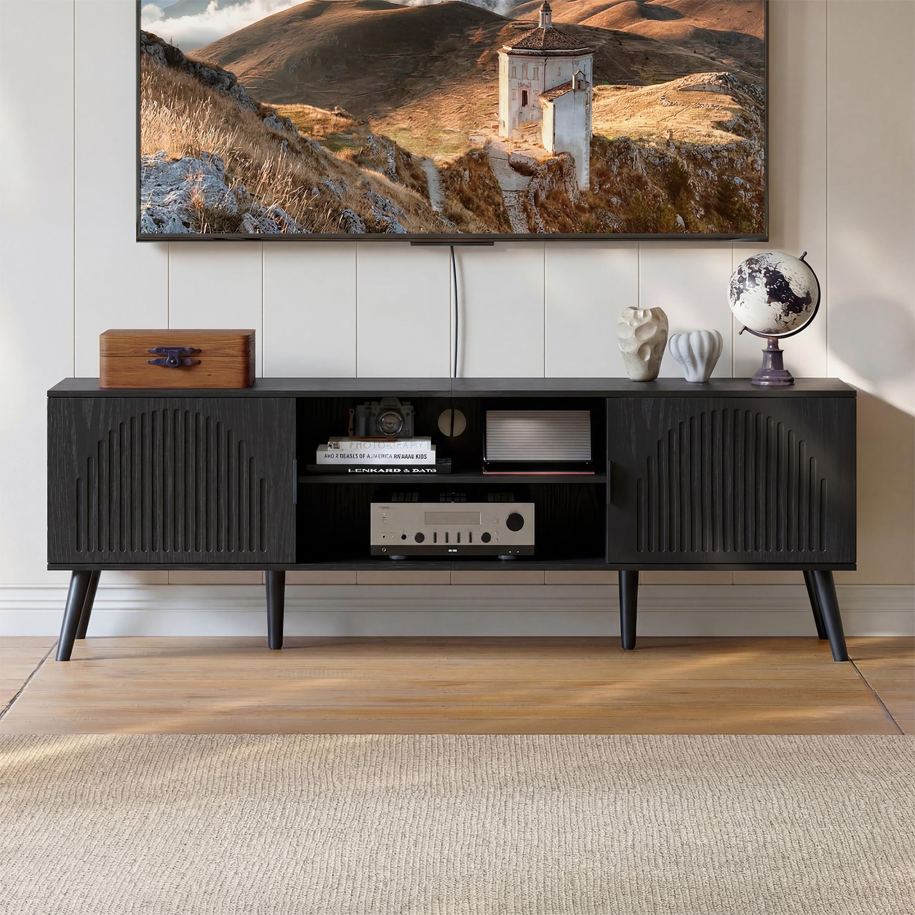 ChooChoo TV Stand with Open Shelves for 65 Inch TVs, Mid Century