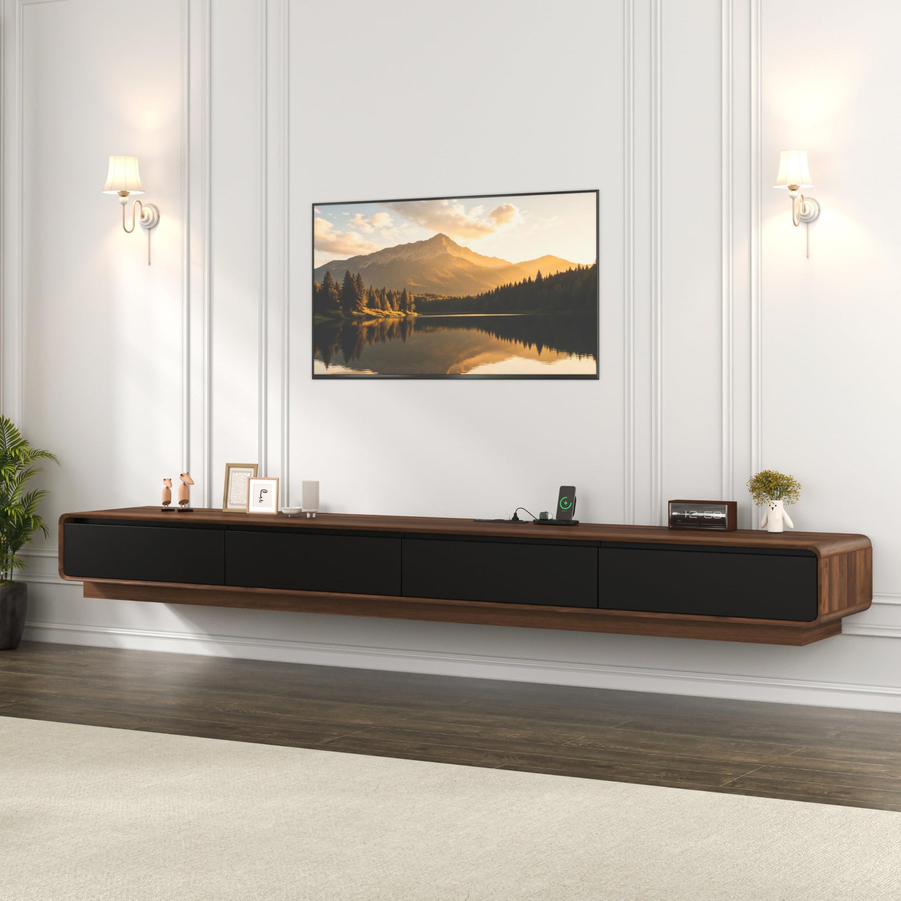 CayugaCrekrd 102.4'' Minimalist Floating TV Stand with Power Outlet, Modern Wall-Mounted Entertainment Center for TVs up to 100 Inches, Media Console with Rounded-Corner Design, Walnut and Black