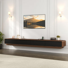CayugaCrekrd 102.4'' Minimalist Floating TV Stand with Power Outlet, Modern Wall-Mounted Entertainment Center for TVs up to 100 Inches, Media Console with Rounded-Corner Design, Walnut and Black