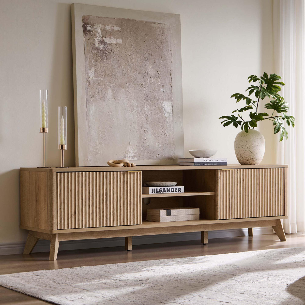 OKD 70" Mid Century Modern Fluted TV Stand w/ 2 Soft Close Door,Natural Oak