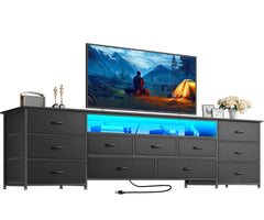Huuger 63 Inch TV Stand for 65, 70 Inch TV, 11 Drawer Long Dresser with Power Outlets and LED Lights, Entertainment Center with Storage, Black Dresser with PU Leather Surface