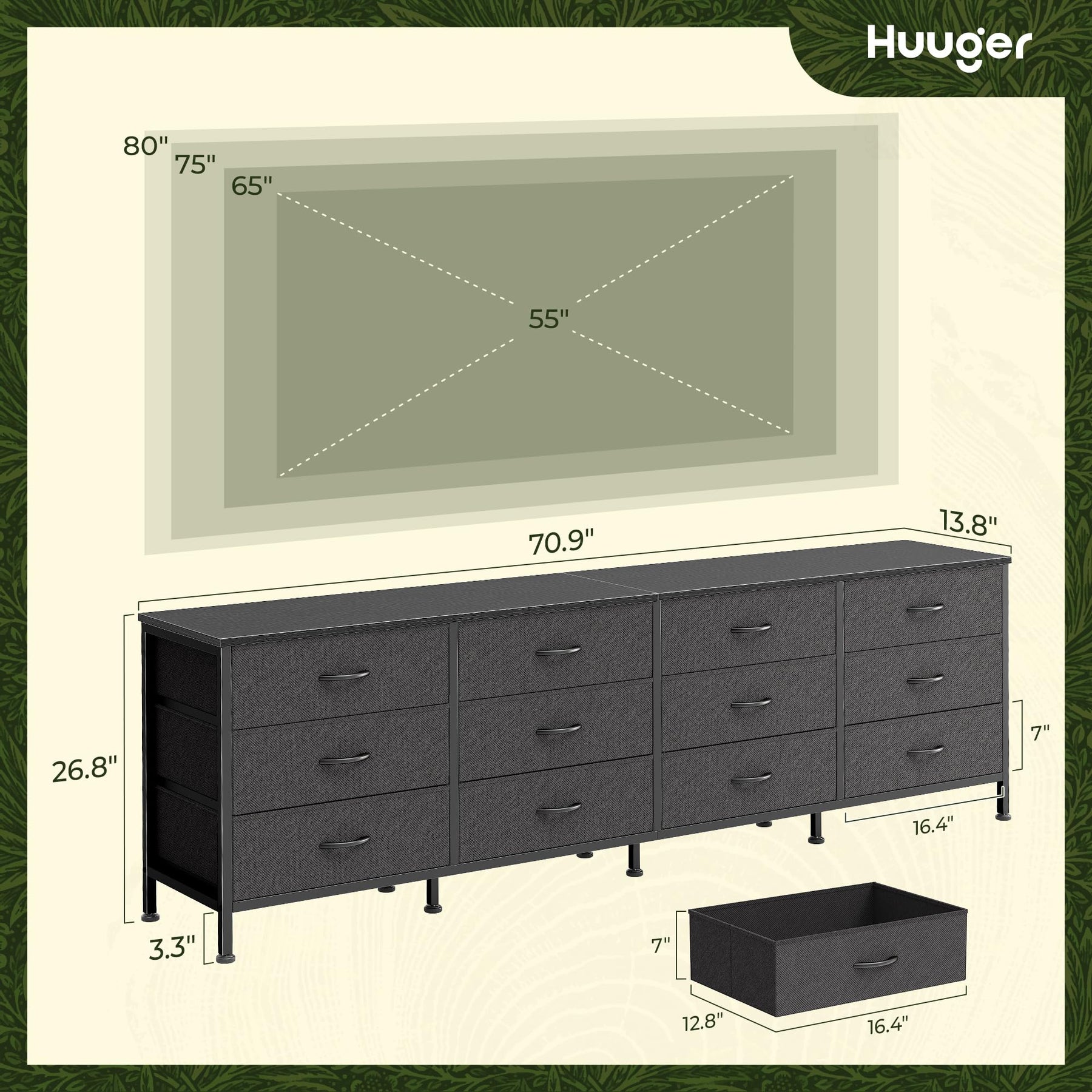Huuger 70 Inch Dresser for Bedroom, TV Stand for 65, 75, 80 Inch TV, 12 Fabric Drawer Long Dresser, Large Entertainment Center for Bedroom, Wide Chest of Drawer with Storage, Rustic Brown