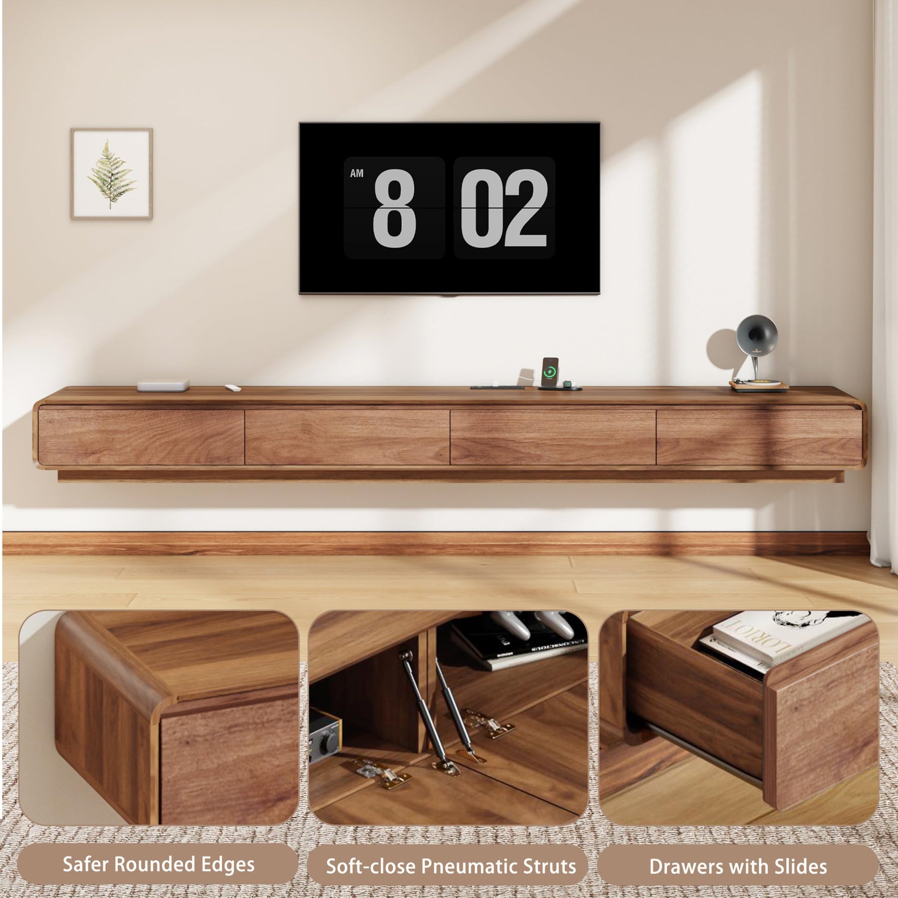 CayugaCrekrd 102.4'' Minimalist Floating TV Stand with Power Outlet, Modern Wall-Mounted Entertainment Center for TVs up to 100 Inches, Media Console with Rounded-Corner Design, Walnut and Black