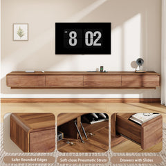 CayugaCrekrd 102.4'' Minimalist Floating TV Stand with Power Outlet, Modern Wall-Mounted Entertainment Center for TVs up to 100 Inches, Media Console with Rounded-Corner Design, Walnut and Black