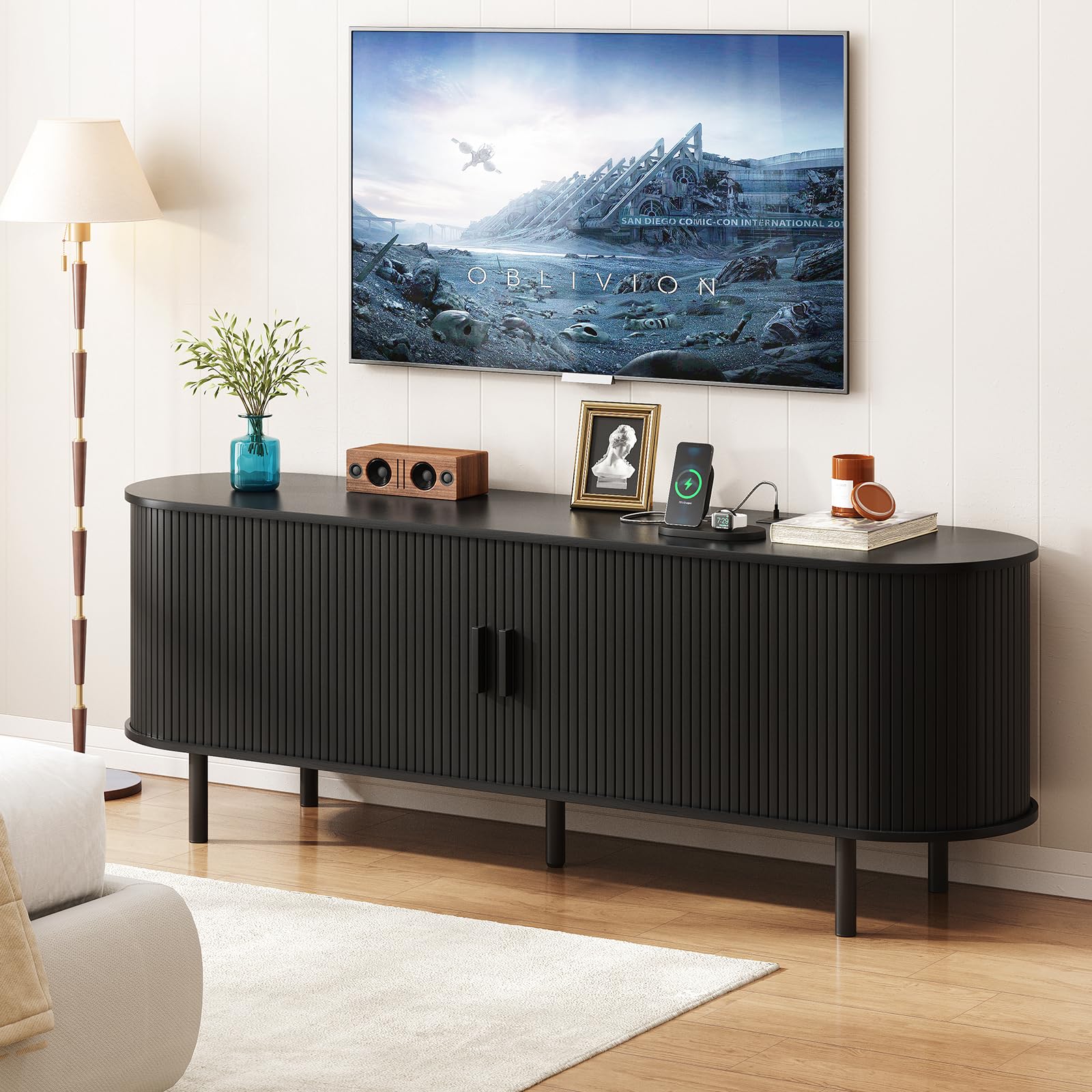 ONBRILL 70.8" TV Stand with Power Outlet for TVs up to 75 Inch, Entertainment Center with Storage and Adjustable Shelves, Modern Media Console with Sliding Doors for Living Room, Walnut