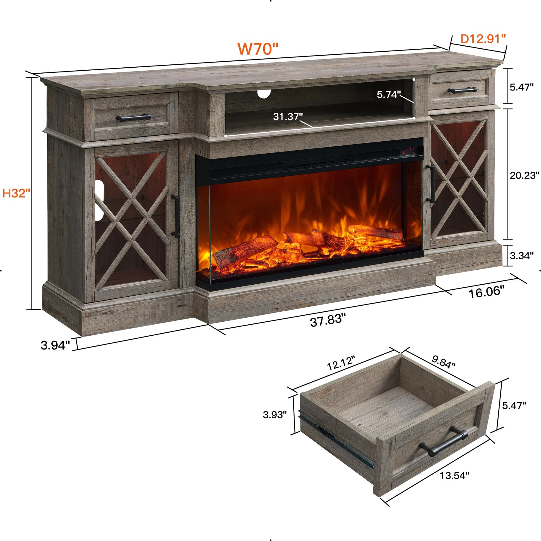 OKD 3-Sided Glass Farmhouse Electric Fireplace TV Stand for TVs up to 80'', Highboy Entertainment Center with Glass Door Storage Cabinet, 70'' Large TV Stands with 36'' Fireplace, Antique White