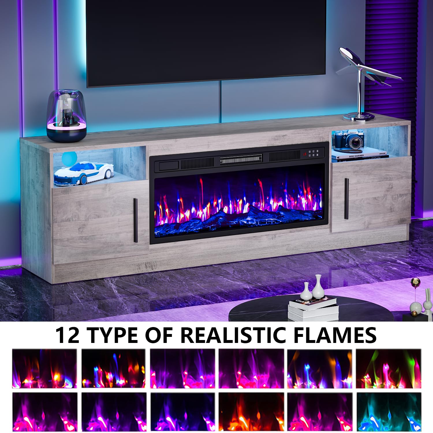 PRETZI Fireplace TV Stand with 36" Fireplace Up to 80" TVs for Living Room