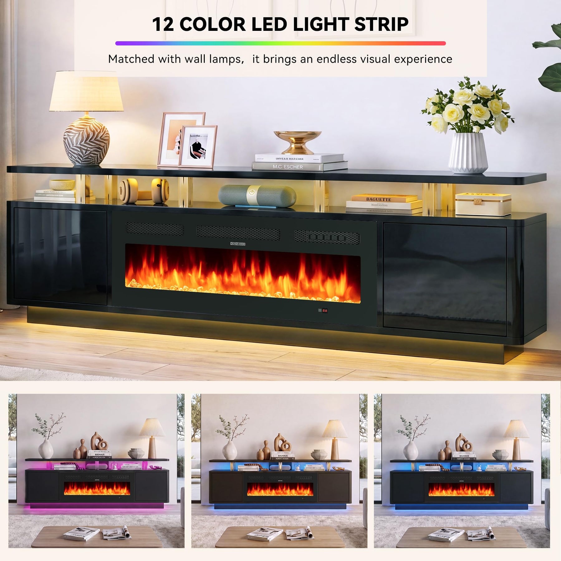 OneBlis 70" Fireplace TV Stand with Double LED Lights for TVs UP to 80", Electric Fireplace Entertainment Center with Storage Cabinets, TV Console for Living Room, Office, Black1