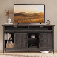 VASAGLE Tall Farmhouse TV Stand, Entertainment Center with Barn Doors, Storage Media Console Table for Living Room, 58.3 x 15.7 x 31.9 Inch, Rustic White and Honey Brown, LIRY Collection ULTV031W101S
