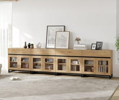 WAMPAT Modern TV Stand with Glass Doors for 80-120 inch TVs, 4 in 1 Entertainment Center Console with 4 Drawers and Metal Base for Living Room, Bedroom, Brown