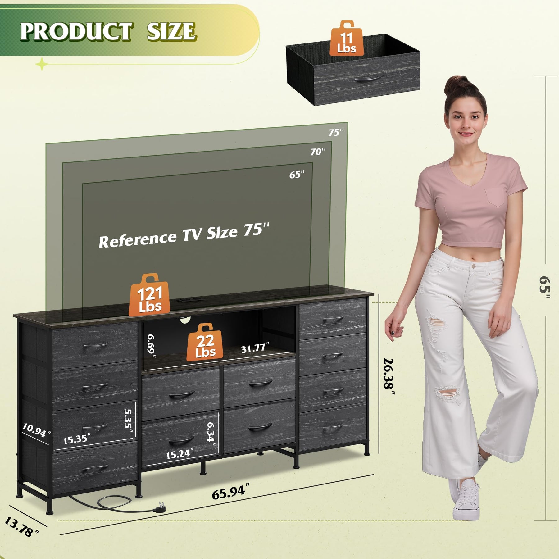 WLIVE LED Dresser TV Stand for 65 Inch TV, 8 Drawers, Rustic Brown