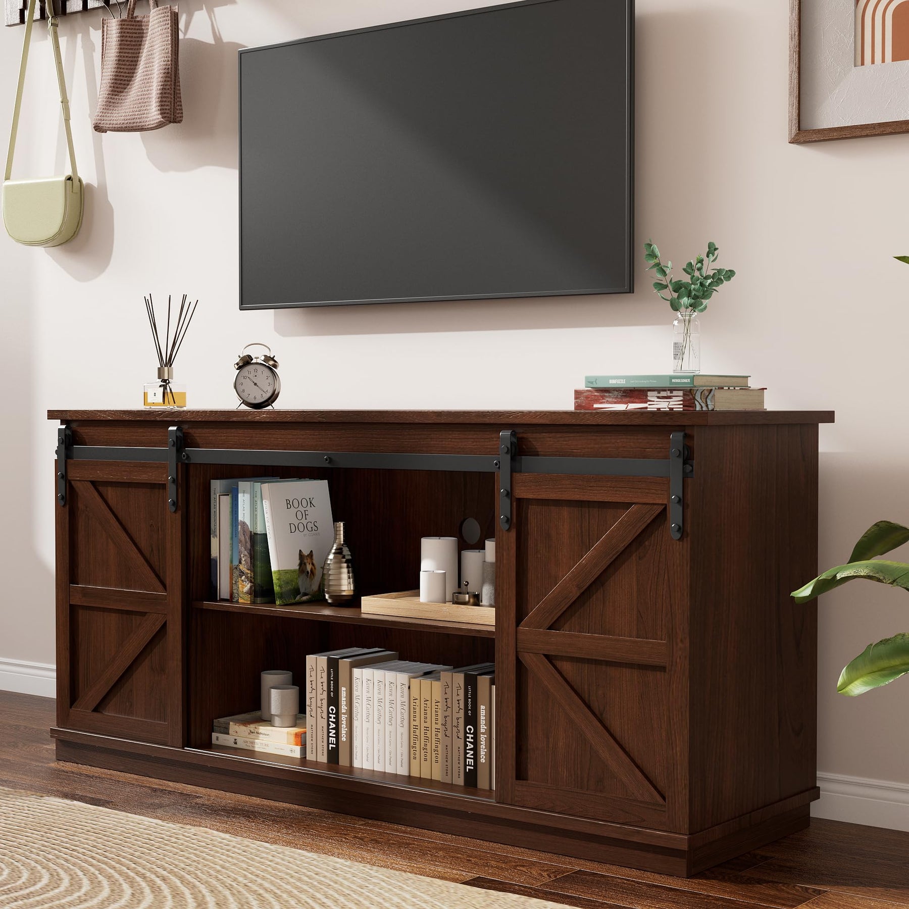 YESHOMY 58" Farmhouse TV Stand for TVs up to 65", Sliding Barn Doors, White