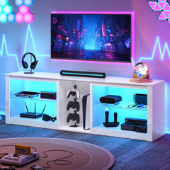 Clikuutory Modern 63 inch TV Stand with LED Lights for 50 55 60 65 70 75 inch TVs, High Gloss Entertainment Center for PS5, TV Cabinet with Glass Shelves for Living Room, Bedroom, Bright Black