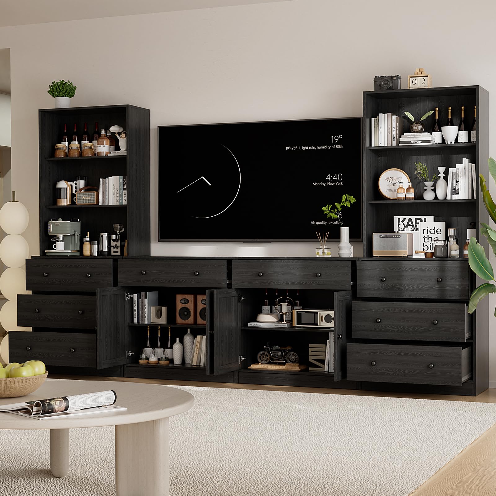 TUSY 71" Large TV Stand Set - TV Entertainment Center for TVs up to 65", Media Center with Tempered Glass Doors and Drawer, TV Hutch with Bookshelves for Living Room (White, BDDB)