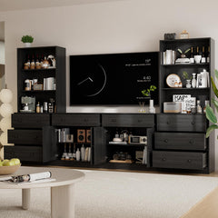 TUSY 71" Large TV Stand Set - TV Entertainment Center for TVs up to 65", Media Center with Tempered Glass Doors and Drawer, TV Hutch with Bookshelves for Living Room (White, BDDB)