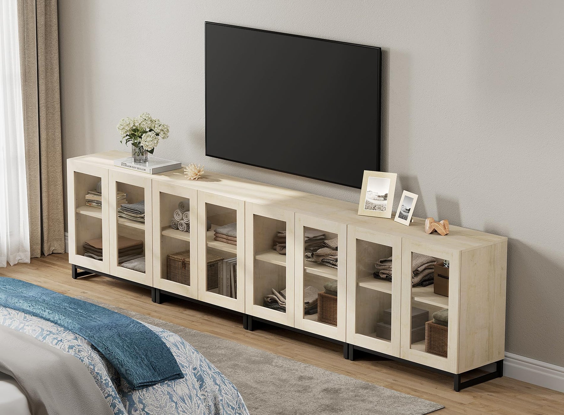 WAMPAT Modern TV Stand with Glass Doors for 80-120 inch TVs, 4 in 1 Entertainment Center Console with 4 Drawers and Metal Base for Living Room, Bedroom, Brown