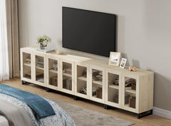 WAMPAT Modern TV Stand with Glass Doors for 80-120 inch TVs, 4 in 1 Entertainment Center Console with 4 Drawers and Metal Base for Living Room, Bedroom, Brown