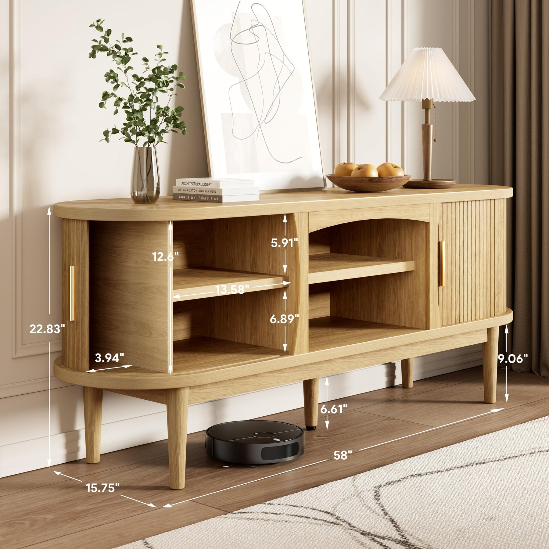 Decofy Mid Century TV Stand for TVs up to 80 Inches, Entertainment Center with Storage, Power Outlet, Fluted Sliding Doors & Adjustable Shelves, Modern Media TV Console Table for Living Room (Walnut)