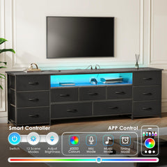 Huuger 63 Inch TV Stand for 65, 70 Inch TV, 11 Drawer Long Dresser with Power Outlets and LED Lights, Entertainment Center with Storage, Black Dresser with PU Leather Surface