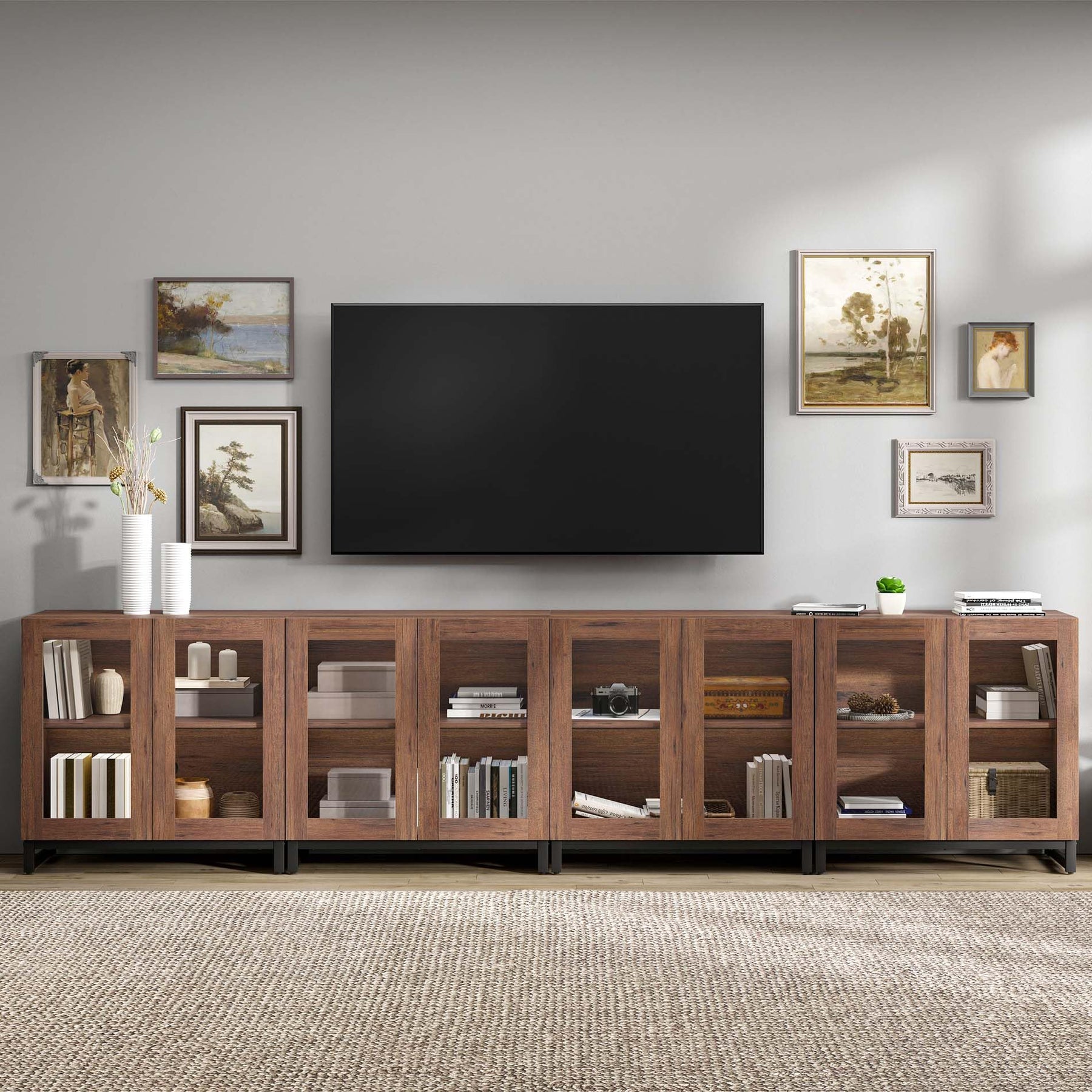 WAMPAT Modern TV Stand with Glass Doors for 80-120 inch TVs, 4 in 1 Entertainment Center Console with 4 Drawers and Metal Base for Living Room, Bedroom, Brown