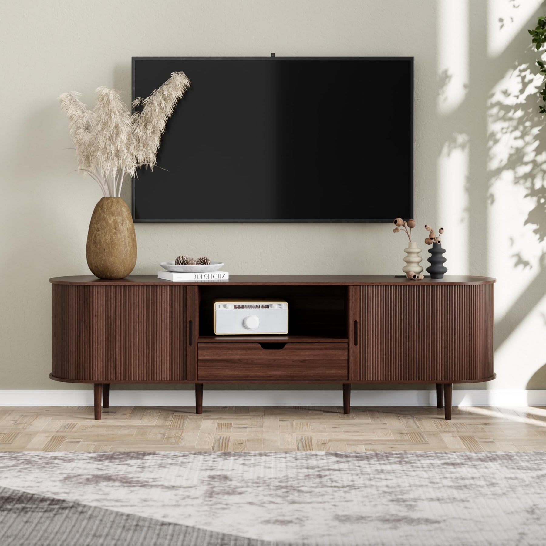 DHH 86.6" Fluted TV Stand with Power Outlet for TVs up to 90", TV Console with Adjustable Shelves and Sliding Door,Mid Century Modern Entertainment Center for Living Room,Bedroom (Walnut)