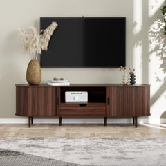 DHH 86.6" Fluted TV Stand with Power Outlet for TVs up to 90", TV Console with Adjustable Shelves and Sliding Door,Mid Century Modern Entertainment Center for Living Room,Bedroom (Walnut)