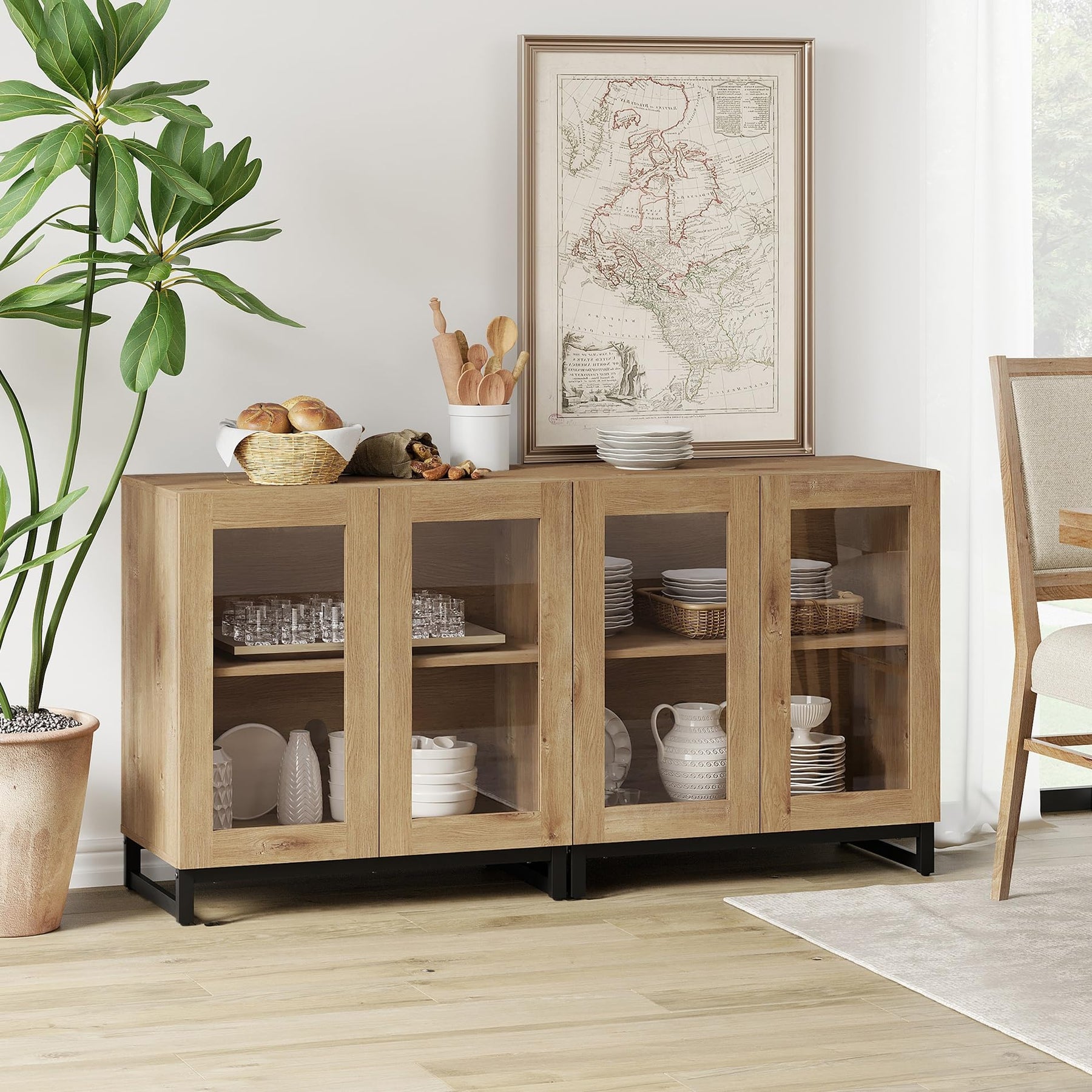 WAMPAT Modern TV Stand with Glass Doors for 80-120 inch TVs, 4 in 1 Entertainment Center Console with 4 Drawers and Metal Base for Living Room, Bedroom, Brown