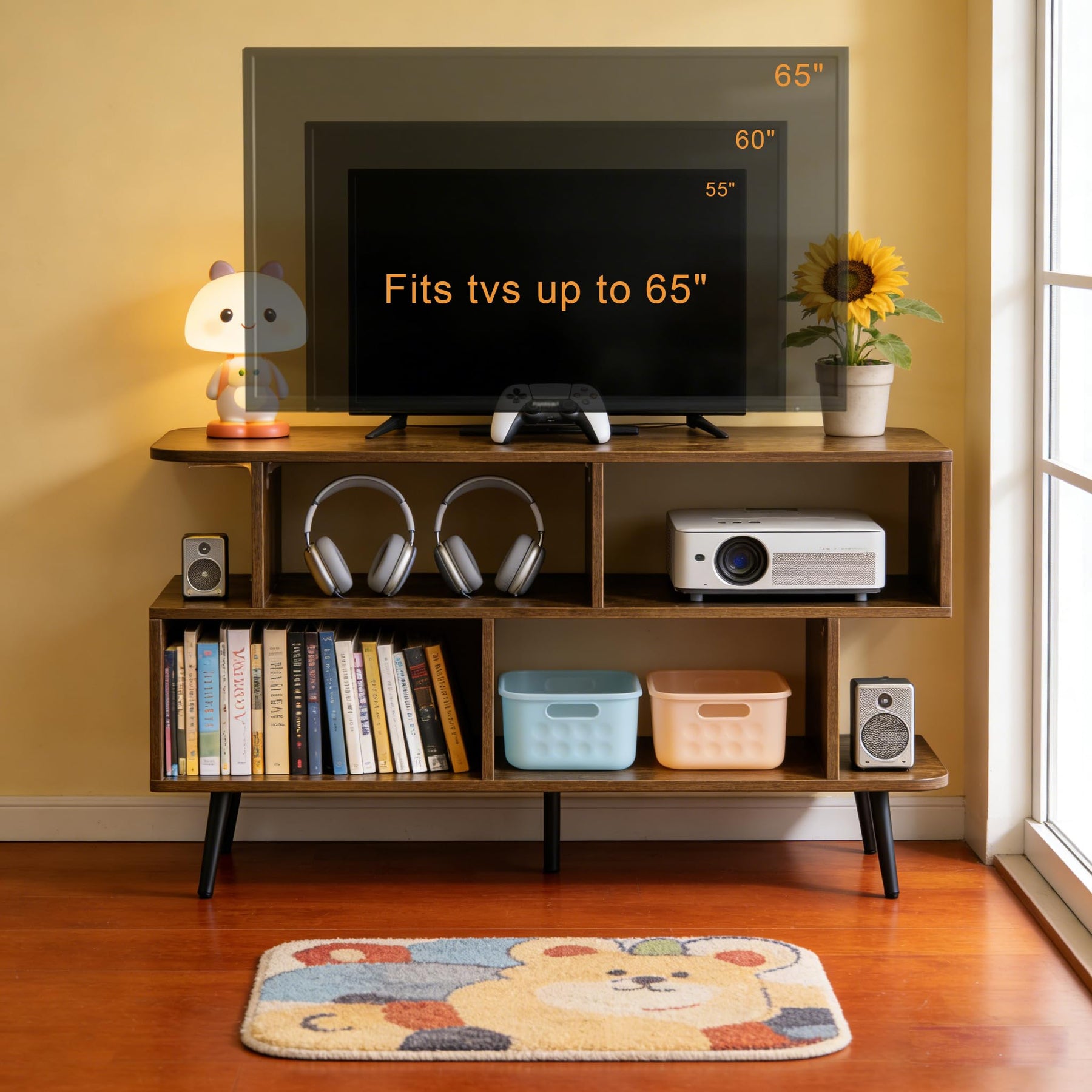 ACOHOOK Walnut 60" Mid-Century TV Stand with Storage Open Shelf