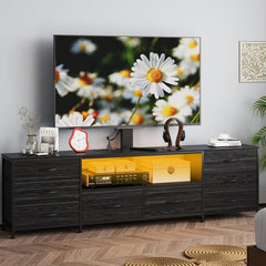 Welfuturer 70.8" W TV Stand with Mount and Power Outlet for 65/70/75/80 Inch TV, Farmhouse Entertainment Center with 8 Fabric Drawers, LED Lights and Open Storage Shelves for Living Room