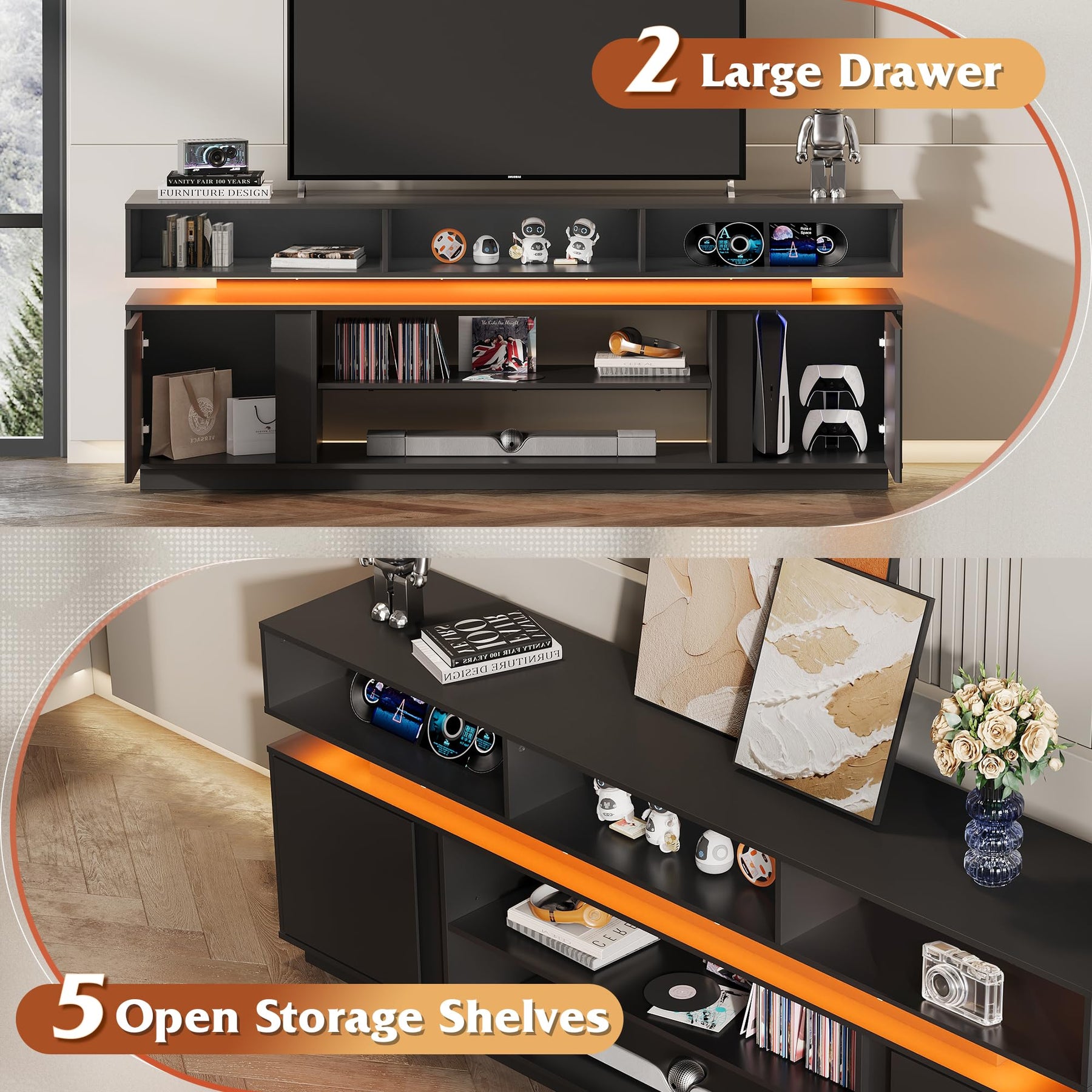 WLIVE Modern TV Stand for 75 Inch TV, 2 Tier Entertainment Center with RGB LED Lights & Storage Cabinets, Media TV Console Gaming Television Stands for Living Room, Bedroom, Black