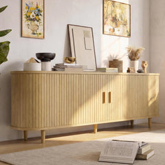 OneBlis 70" Mid Century Modern TV Stand, Wood TV Consoles with Sliding Doors and Power Outlet, Entertainment Center with Adjustable Shelves, Fluted TV Stands for Living Room, Walnut