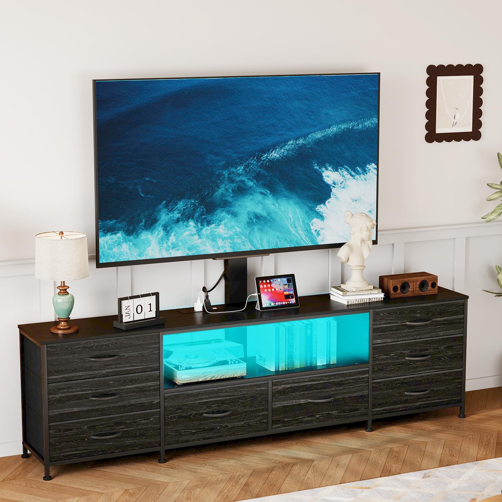Welfuturer 70.8" W TV Stand with Mount and Power Outlet for 65/70/75/80 Inch TV, Farmhouse Entertainment Center with 8 Fabric Drawers, LED Lights and Open Storage Shelves for Living Room