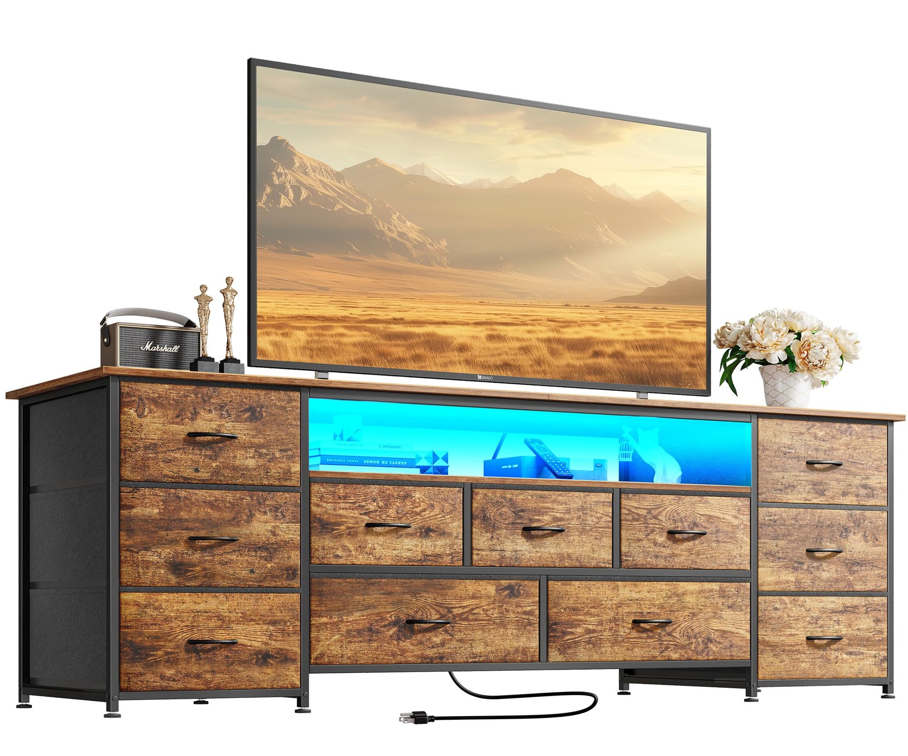 Huuger 63 Inch TV Stand for 65, 70 Inch TV, 11 Drawer Long Dresser with Power Outlets and LED Lights, Entertainment Center with Storage, Black Dresser with PU Leather Surface