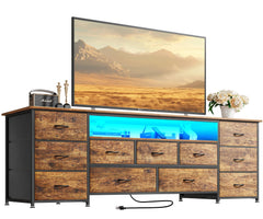 Huuger 63 Inch TV Stand for 65, 70 Inch TV, 11 Drawer Long Dresser with Power Outlets and LED Lights, Entertainment Center with Storage, Black Dresser with PU Leather Surface