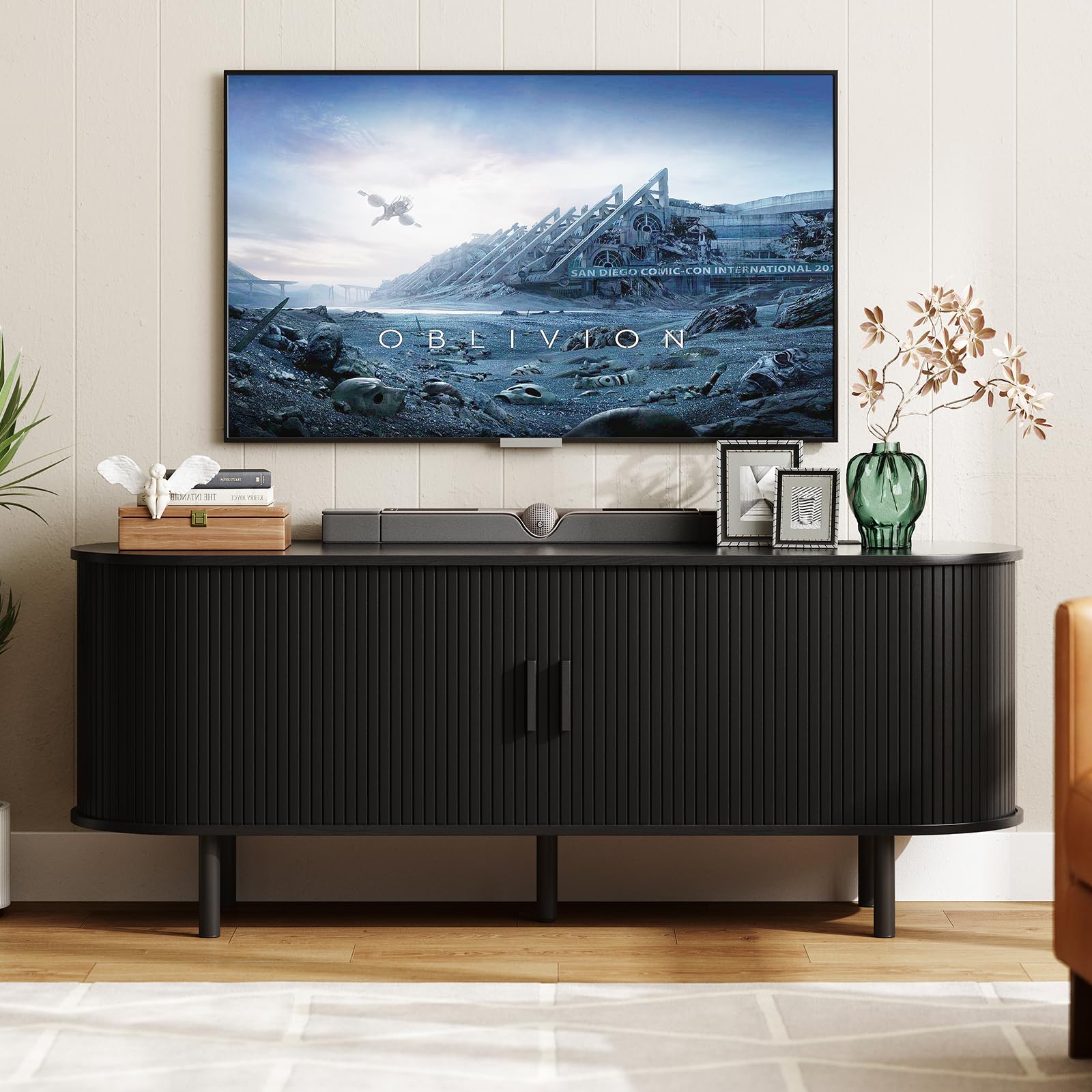 ONBRILL 70.8" TV Stand with Power Outlet for TVs up to 75 Inch, Entertainment Center with Storage and Adjustable Shelves, Modern Media Console with Sliding Doors for Living Room, Walnut