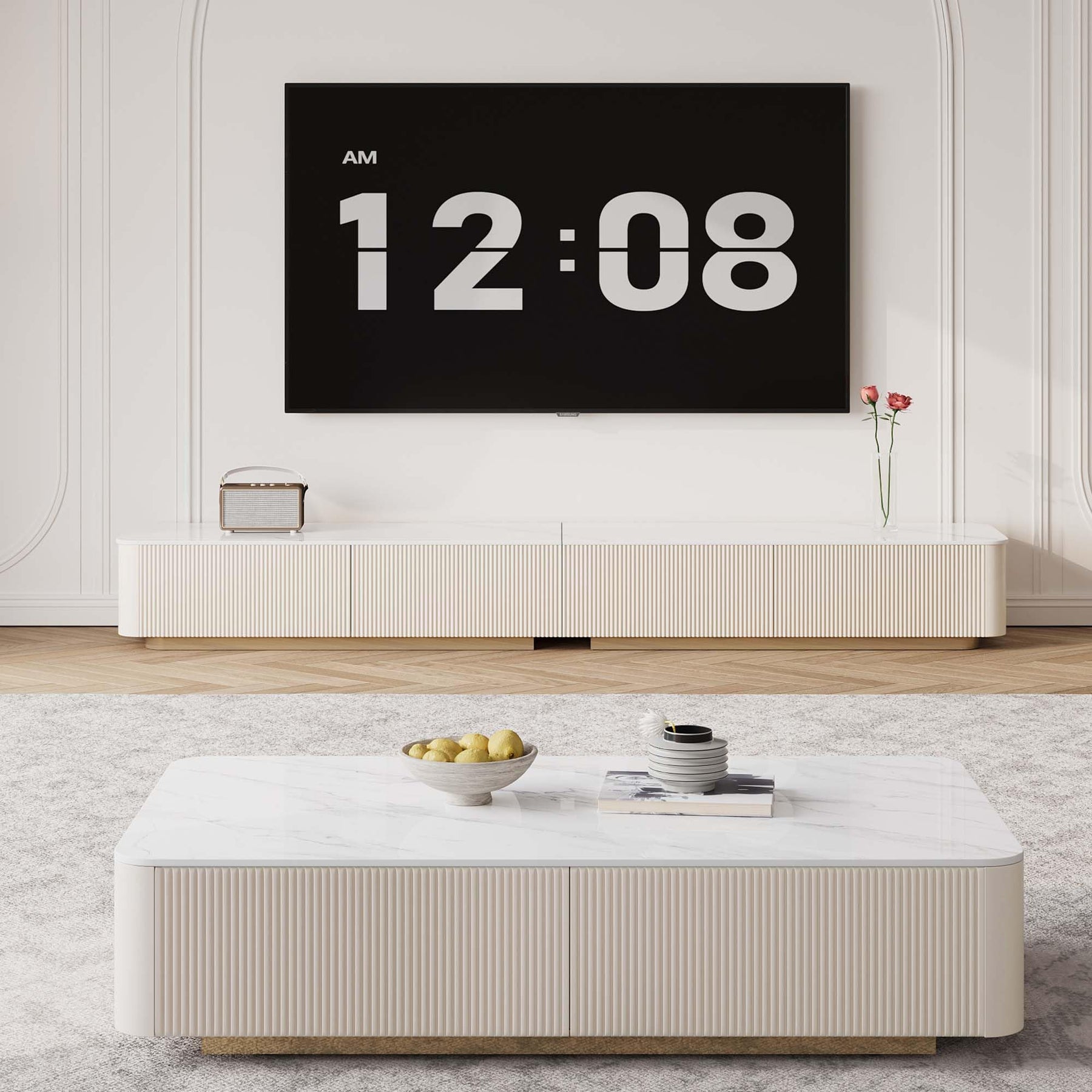 94.5" Fully Assembled TV Console, White TV Stand with Sintered Stone Top