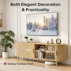OneBlis 70" Mid Century Modern TV Stand, Wood TV Consoles with Sliding Doors and Power Outlet, Entertainment Center with Adjustable Shelves, Fluted TV Stands for Living Room, Walnut