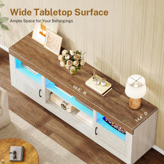 TEENFON 67" TV Stand for 75 inch TV, Entertainment Center with LED Lights | TV Console, Media Console Table with Open Storage & Side Cabinets, TV Stands for Living Room, Bedroom, Natural Knotty Oak