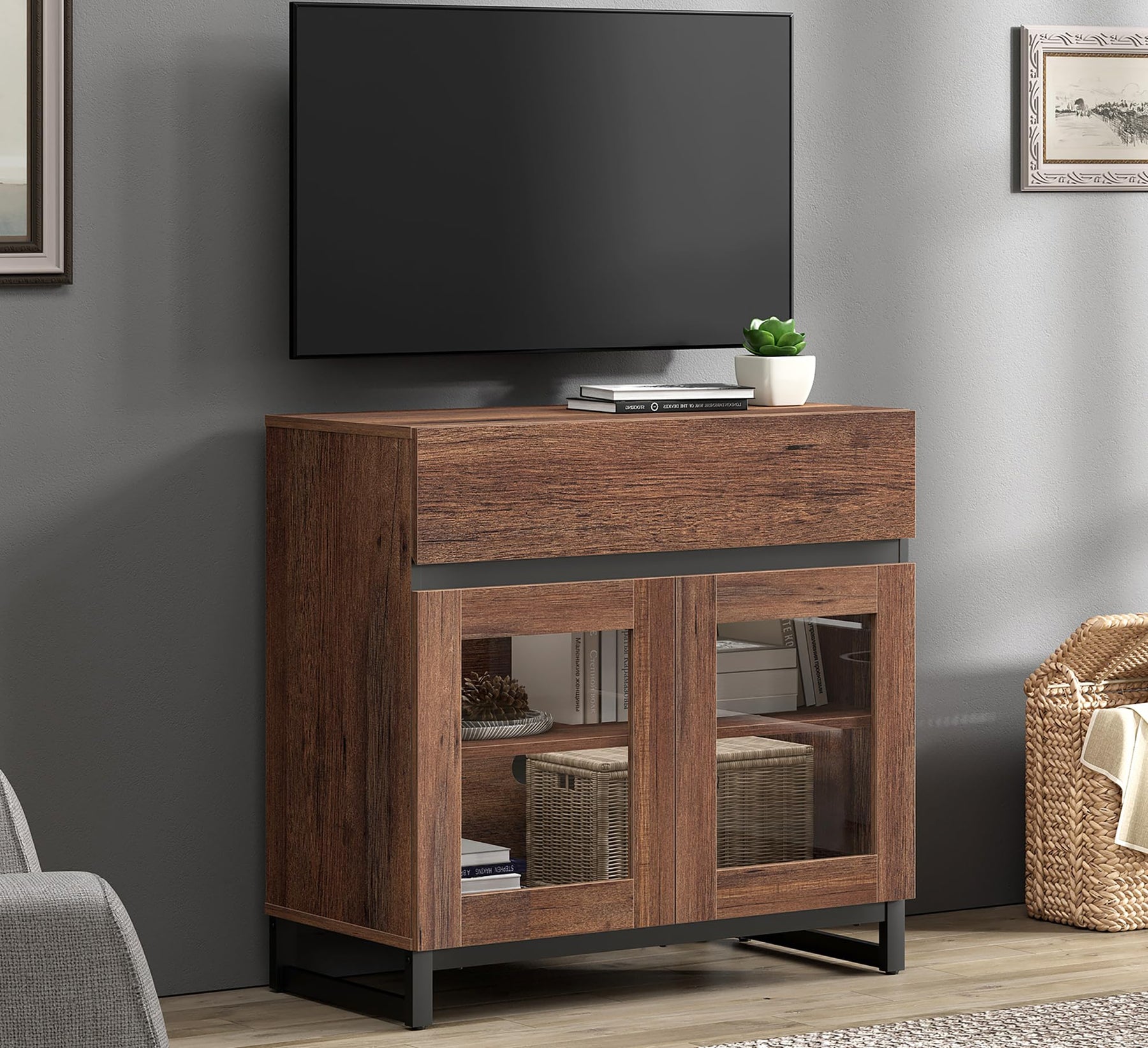 WAMPAT Modern TV Stand with Glass Doors for 80-120 inch TVs, 4 in 1 Entertainment Center Console with 4 Drawers and Metal Base for Living Room, Bedroom, Brown