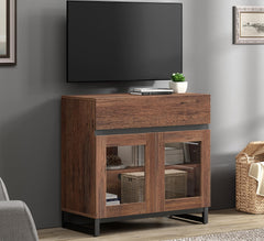 WAMPAT Modern TV Stand with Glass Doors for 80-120 inch TVs, 4 in 1 Entertainment Center Console with 4 Drawers and Metal Base for Living Room, Bedroom, Brown
