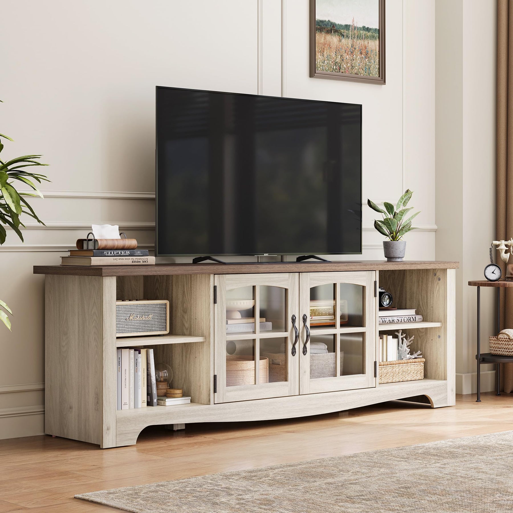LINSY HOME Farmhouse TV Stand for 65 Inch TV, Wood Entertainment Center with Glass Door Storage Cabinet & Adjustable Shelves, Large Sturdy TV Console Table for Living Room Bedroom